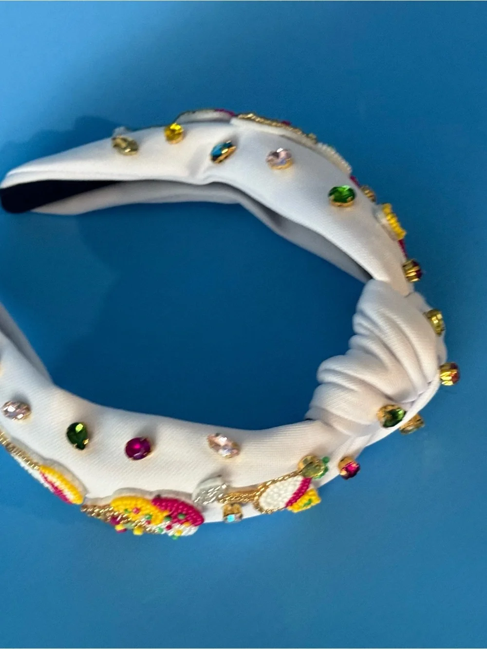 White Beaded Knot Headband with Multicolor Gem Accents
